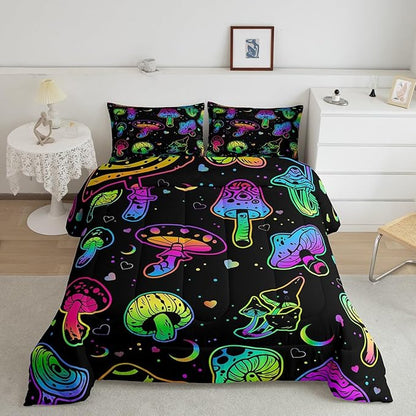 Erosebridal Mushroom Comforter Set Twin Kawaii Trippy Bedding Psychedelic Botanical Plants Down for Kids Girls Boys Teens Rainbow Fungus Duvet Cute Quilt (CMHS3028XXY-BZ_USt)