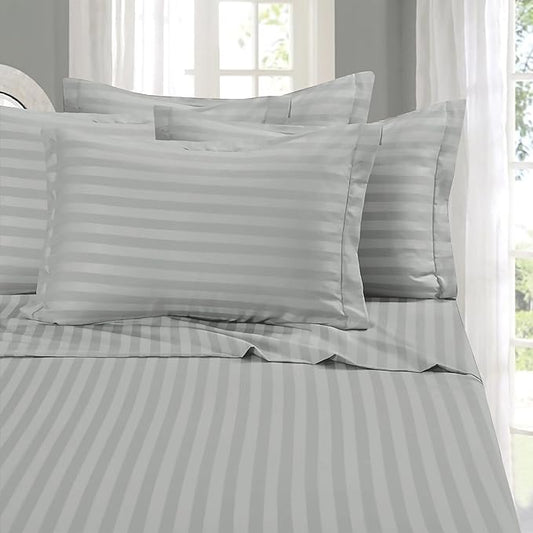 Elegant Comfort Softest and Coziest 6-Piece Sheet Set - 1500 Premium Hotel Quality Microfiber - Deep Pocket, Wrinkle Resistant 6-Piece Damask Stripe Bed Sheet Set, California King, Silver