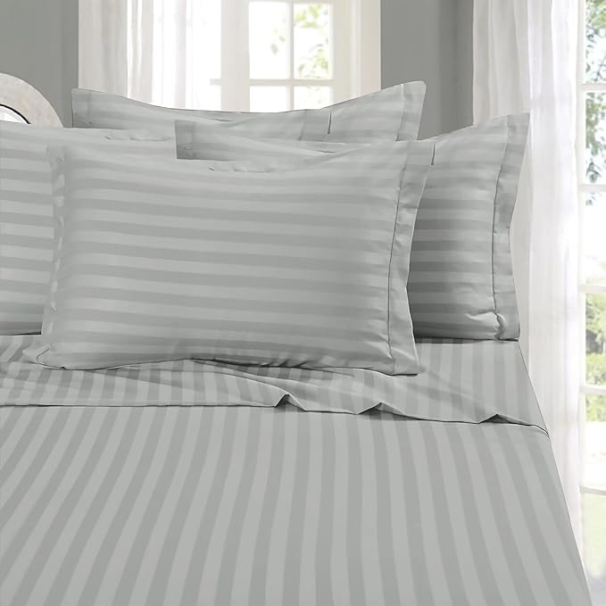 Elegant Comfort Softest and Coziest 6-Piece Sheet Set - 1500 Premium Hotel Quality Microfiber - Deep Pocket, Wrinkle Resistant 6-Piece Damask Stripe Bed Sheet Set, King, Silver