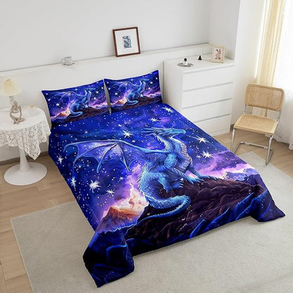 Dragon Comforter Set Full Size,Starry Sky Mountains Bedding Set for Kids Girls Boys Room Decor,Wild Animal Trippy Duvet Insert,Blue Purple Western Magical Quilt Set 3Pcs,2 Pillowcases