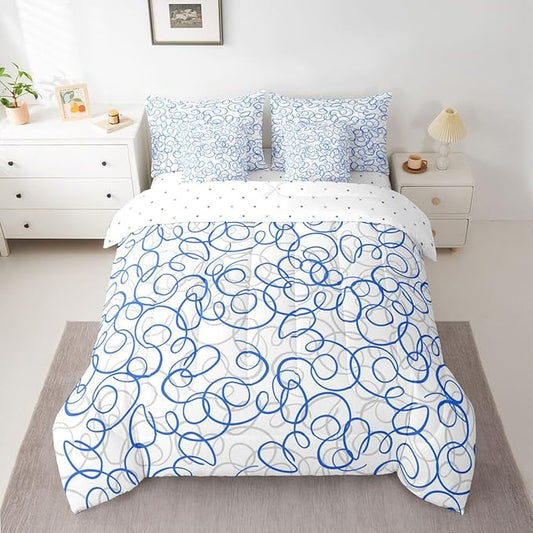 Erosebridal Blue White Geometric 7 Piece Comforter Set Queen Abstract Line Modern Art Bedding Set for Kids Teens Boys Chic Swirls Bed in A Bag Texture Artwork Sheet Set Bedroom Decor