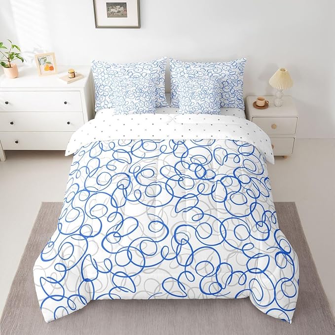 Erosebridal Blue White Geometric 7 Piece Comforter Set King Abstract Line Modern Art Bedding Set for Kids Teens Boys Chic Swirls Bed in A Bag Texture Artwork Sheet Set Bedroom Decor