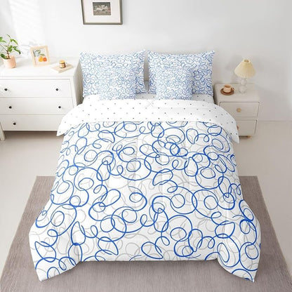 Erosebridal Blue White Geometric 7 Piece Comforter Set Full Abstract Line Modern Art Bedding Set for Kids Teens Boys Chic Swirls Bed in A Bag Texture Artwork Sheet Set Bedroom Decor