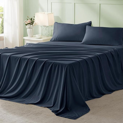 Anluoer Navy Blue King Comforter Set 7 Pieces, Bed in a Bag with Sheets, All Season Bedding Sets with 1 Comforter, 2 Pillow Shams, 2 Pillowcases, 1 Flat Sheet, 1 Fitted Sheet