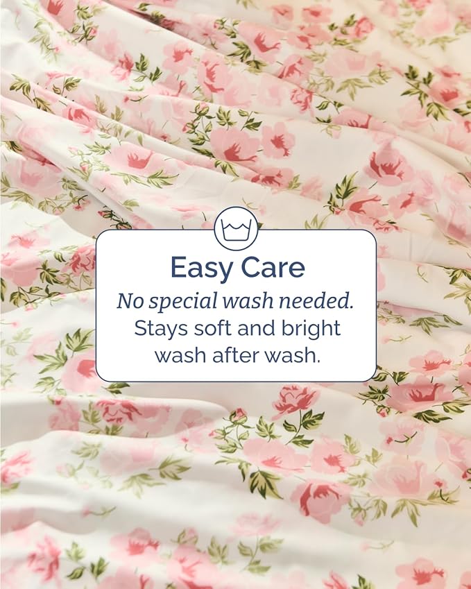 Floral Sheets - Pink Floral Bed Sheet Set - 1 Flat, 1 Fitted & 2 Pillowcases w/ Deep Pockets - Comfy, Wrinkle & Fade Free - Boho Botanical Bedding - Ultra-Soft, Breathable & Cooling - Full Size Set