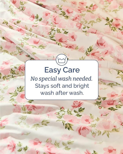 Floral Sheets - Pink Floral Bed Sheet Set - 1 Flat, 1 Fitted & 2 Pillowcases w/ Deep Pockets - Comfy, Wrinkle & Fade Free - Boho Botanical Bedding - Ultra-Soft, Breathable & Cooling - King Size Set