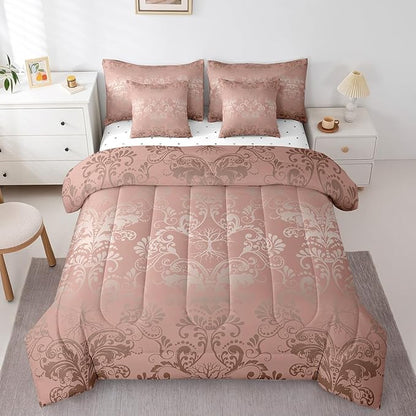 Erosebridal Gothic Damask Bed in a Bag King Size Comforter Set 7 Pieces,Sun Moon Tree of Life Bedding Sets Light Pink Victorian Floral Goth Sheet Set with Comforter