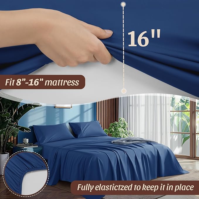 100% Egyptian Cotton Sheets 1200 Thread Count King Size Bedding Sets 4 Pcs, Fitted Sheet Up to 16" Deep Breathable All Seasons (King, Navy Blue)