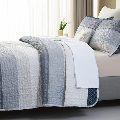 DURLENGEN Quilt Set Queen Size 3Pcs,Soft Microfiber Lightweight Bedspread,Blue & Navy Striped Geometric Pattern Coverlet for All Season Layering(Queen 90x96, Blue Patchwork)