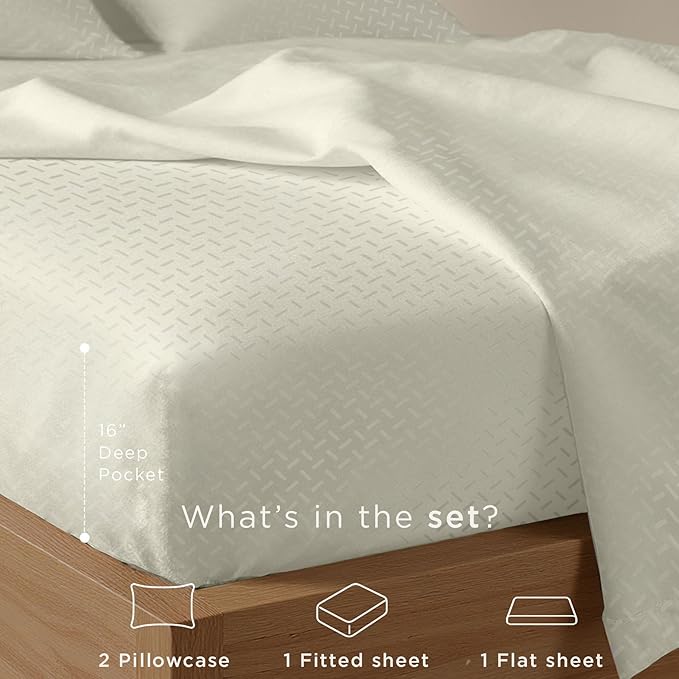 Threadmill Cotton Full Size Sheet Set | 100% Cotton Sheets for Full Size Bed | Damask Jacquard Full Bed Sheets Set with 16” Deep Pocket | Soft Sateen Weave 4-Piece Cooling Bedding Set | Ivory