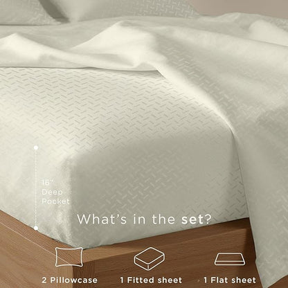 Threadmill Cotton Full Size Sheet Set | 100% Cotton Sheets for Full Size Bed | Damask Jacquard Full Bed Sheets Set with 16” Deep Pocket | Soft Sateen Weave 4-Piece Cooling Bedding Set | Ivory