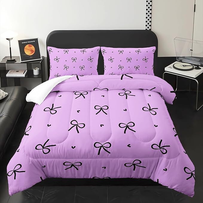 3 Pieces Purple Kawaii Bedding Set for Girls,Black Bowknot Comforter King Size,Cute Bow Tie Knot and Love Bedding for Women Girls Kids,Romantic Princess Quilt Set 1 Comforter 2 Pillowcases