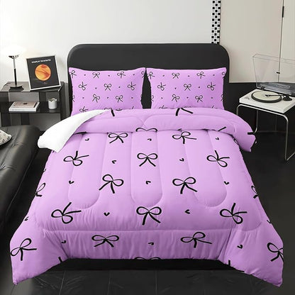 3 Pieces Purple Kawaii Bedding Set for Girls,Black Bowknot Comforter King Size,Cute Bow Tie Knot and Love Bedding for Women Girls Kids,Romantic Princess Quilt Set 1 Comforter 2 Pillowcases