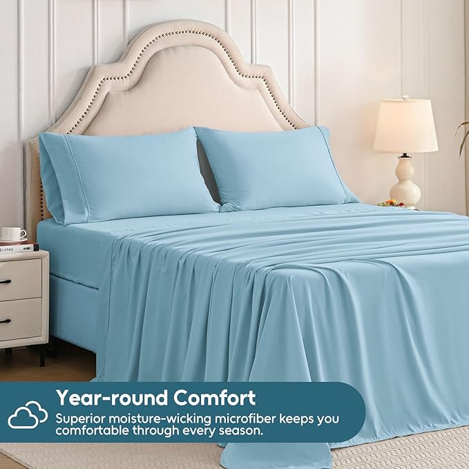 King Size Sheets Set, 4 Pieces Hotel Luxury Soft Microfiber Bed Sheets Set, Up to 16" Deep Pockets, Oeko-Tex Sheets with Elastic, Breathable, Wrinkle Free (Sky Blue, King)