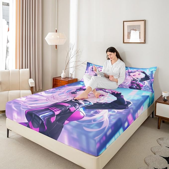 Erosebridal Girls Japanese Anime Fitted Sheet Full, Kawaii Anime Girl Bed Sheets Cartoon Girl Bedding Set for Kids Teens Adult Women, Japanese Animation Sci Fi Style Sheets,Blue Purple