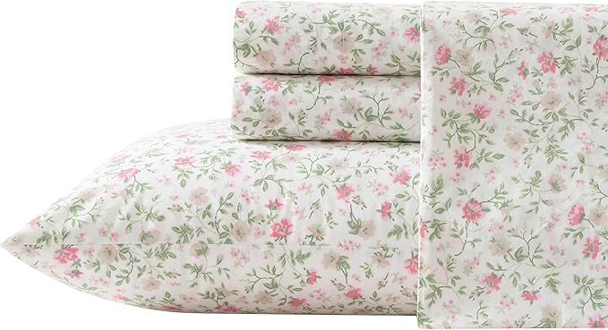 Laura Ashley - Twin Sheet Set, Super Soft Cotton Percale Bedding Set with Matching Sham, Oeko-Tex Certified (Bonnie Pink, Twin)