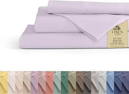 Linen Home 100% Cotton Percale Sheets King Size - Crisp Cool Breathable, 16 Inch Deep Pocket, Soft Durable 4-Piece King Bed Sheet Set 1 Flat, 1 Fitted, 2 Pillowcases, Iris Lilac