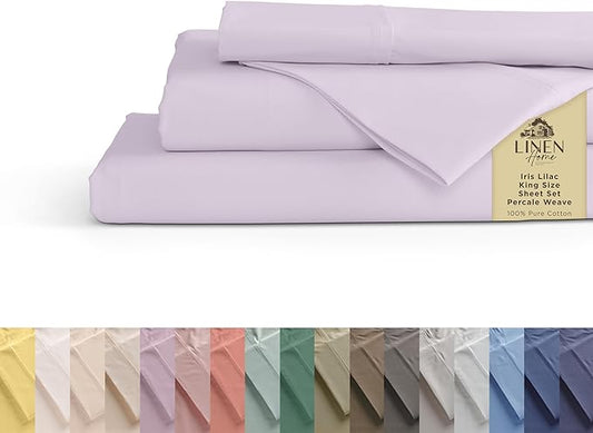 Linen Home 100% Cotton Percale Sheets King Size - Crisp Cool Breathable, 16 Inch Deep Pocket, Soft Durable 4-Piece King Bed Sheet Set 1 Flat, 1 Fitted, 2 Pillowcases, Iris Lilac