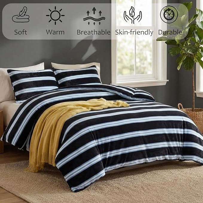 Bedbay Striped Comforter Set Fluffy Fleece Queen Comforter Set Soft Warm Flannel Velvet Comforter 3 Pcs Blue Black Striped Bedding Set Modern Stripes Pattern Queen Bed Set for All Seasons