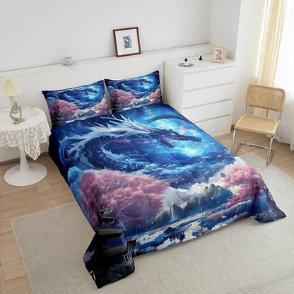 Dragon Comforter Set,Western Magical Style Animals Theme Bedding Set King Size 3Pcs,Kids Boys Girls Room Decor Pink Cherry Blossom Printed Quilt Set Starry Sky Mountains Duvet Insert,2 Pillowcases