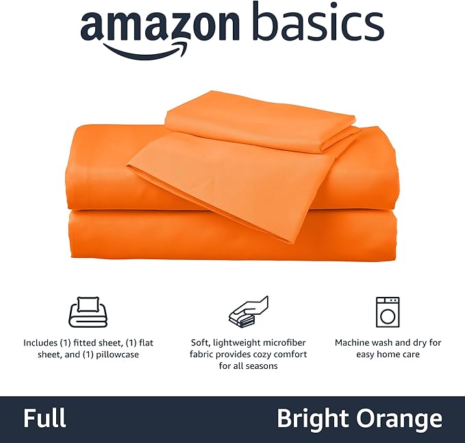 Amazon Basics Kid's Soft, Breathable, Easy-Wash Microfiber 4-Piece Sheet Set, Full, Bright Orange, Solid