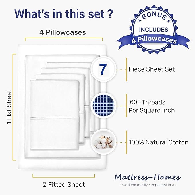 Mattress-Homes Ultra-Soft Breathable, Hotel Luxury Collection, Split King Size 7 Piece Crisp Sheet Set, 100% Egyptian Cotton, Extra Deep Pocket Upto 21", Machine Washable Sheets in Ivory Stripe