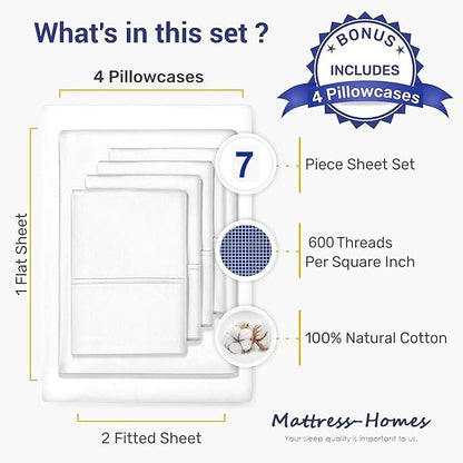 Mattress-Homes Ultra-Soft Breathable, Hotel Luxury Collection, Split King Size 7 Piece Crisp Sheet Set, 100% Egyptian Cotton, Extra Deep Pocket Upto 21", Machine Washable Sheets in Ivory Stripe