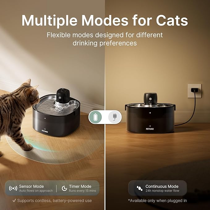 Cordless Cat Water Fountain, 78oz/2.3L, Battery Operated, Silver | Stainless Steel Tray, Rechargeable 4000mAh, Wireless, Motion Sensor, Ultra-Quiet Pump, Locking Lid, Automatic Fountain