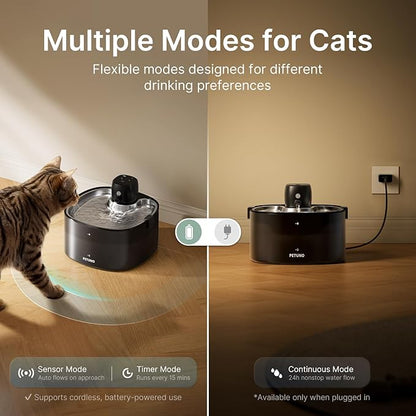 Cordless Cat Water Fountain, 78oz/2.3L, Battery Operated, Silver | Stainless Steel Tray, Rechargeable 4000mAh, Wireless, Motion Sensor, Ultra-Quiet Pump, Locking Lid, Automatic Fountain