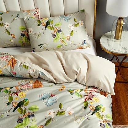 mixinni Duvet Cover Queen Size Set Floral Leaves Pattern Cotton Bird Printed Bedding Duvet Covet Set with Zipper Ties, Perfect for Him and Her, Easy Care, Soft and Breathable-(3pcs, Queen Size)
