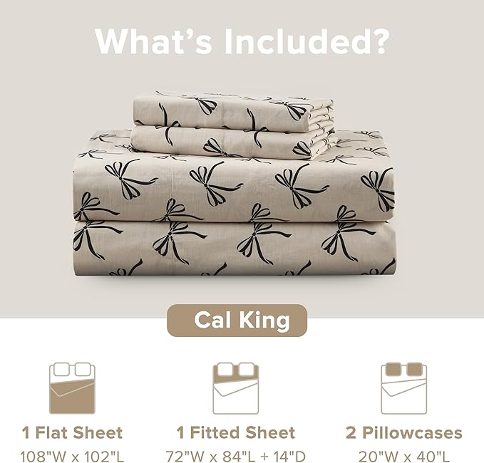 Comfort Spaces 100% Cotton Sheets Cal King, Breathable, Naturally Cool Cotton Sheets, Cotton Bed Sheets with 14" Elastic Pocket Fits up to 16" Mattress, All Seasons Sheet Set, Bow Black/Taupe 4 Piece