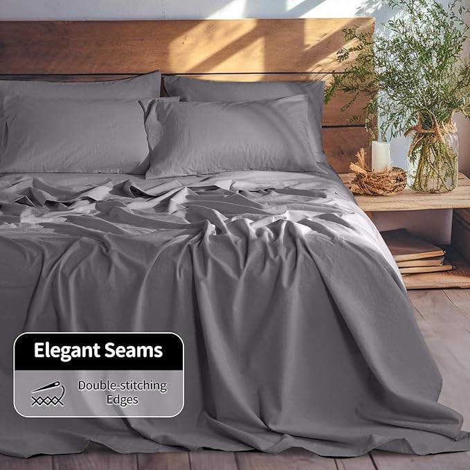 LBRO2M 100% Pure Linen Sheet Set Deep Pocket Up to 16" Bed Sheets Sets, Natural Flax Beddings Soft, Breathable, Comfortable for All Seasons 6 Pcs Sheet Set Queen Size, Dark Grey