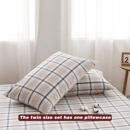 FACE TWO FACE Bedding Duvet Cover Set100% Washed Cotton Duvet Cover Linen Like Textured Breathable Durable Soft Comfy (Twin, Blue Grid)