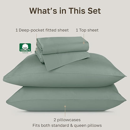 California Design Den Queen Bed Sheets Set - Luxury Hotel 800 Thread Count Sateen, Natural 100% Cotton Queen Size Sheets, Deep Pockets Durable Bedding Set - Sage Green