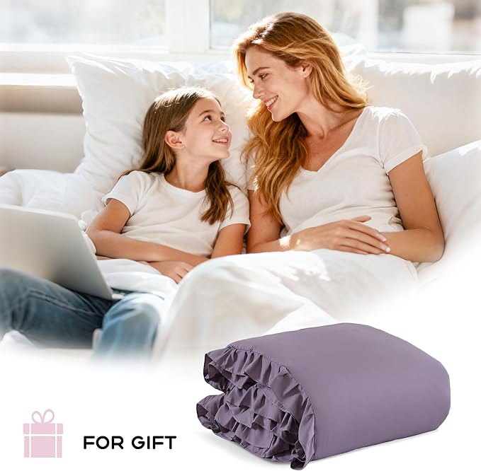 JANZAA King Size Comforter Set Grayish Purple Ruffle Comforter 3PCS Soft Fluffy Boho Comforter Vintage Farmhouse Bed Comforter Set Shabby Chic Bedding with 2 Pillowcases for All Season