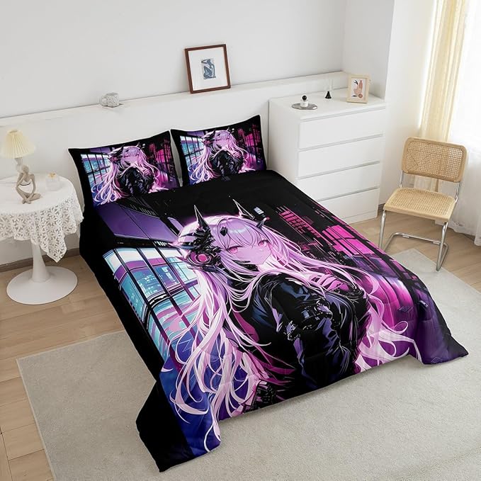 Erosebridal Japanese Anime Bedding Set Twin Size, Anime Girl Comforter Set Kawaii Japanese Style Duvet Insert Cartoon Japan Animation Quilt for Boys Teens Adult Women Bedroom Decor