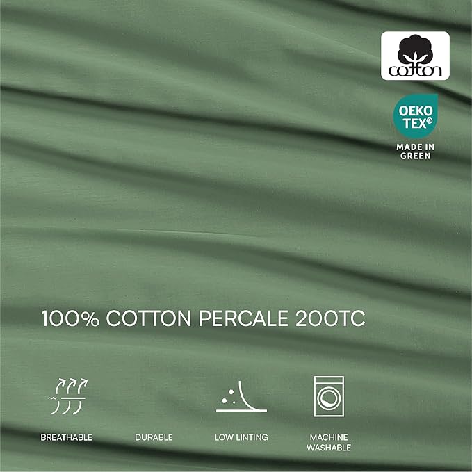 Lacoste 100% Cotton Percale 4-Piece Sheet Set – Cool, Crisp, Matte, and Durable, Oeko-Tex Certified – Solid, Green, Queen