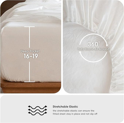 MooMee Bedding Sheet Set 100% Washed Cotton Linen Like Textured Breathable Durable Soft Comfy (Solid Off White, Full)