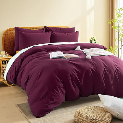 NEXHOME PRO 100% Washed Cotton Duvet Cover Queen Size, Ogranic Natural Linen Feel Breathable Bedding Set with Zipper Closure, 3 Pieces Duvet Cover Set Wine (No Comfortert) 9090