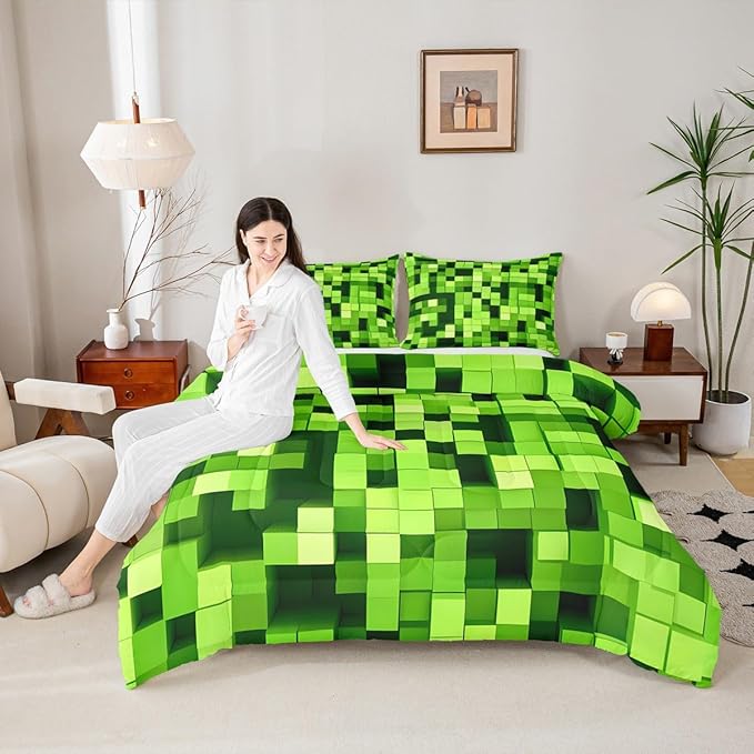 Pixelated Miners Game Kids Comforter Set Twin Size,Video Games Gamepad Gaming Bedding Set Boys Girls Room Decor,Geometric Square Quilt Comforter,Light Green Duvet Set Bedroom Quilt Set,1 Pillowcase