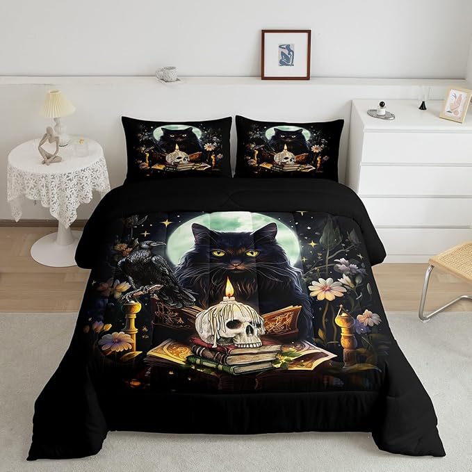 Kids Cat Bedding Set,Sugar Skull Crow and Daisy Flower Garden Comforter Set for Teens Girls Boys Adult Bedroom Decor,Black Pet Cat Plants Quilt Set Moon Night Stars Print Duvet Insert 2Pcs