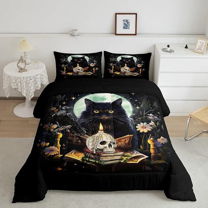 Kids Cat Bedding Set,Sugar Skull Crow and Daisy Flower Garden Comforter Set for Teens Girls Boys Adult Bedroom Decor,Black Pet Cat Plants Quilt Set Moon Night Stars Print Duvet Insert 2Pcs