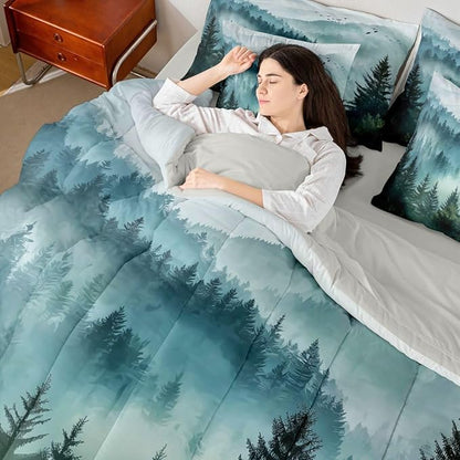 Erosebridal Foggy Mountain Full Bed in A Bag 7 Piece Green Forest Pine Tree Comforter Set with Sheets Nature Misty Woodland Bedding Sets for Kids Adults,Flying Bird Bed Set