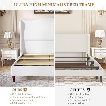 koorlian Queen Size Upholstered Bed Frame with 51'' Tall Headboard, White | Reinforced Platform Bed, Easy Assembly, Soft Fabric, Sleigh Wingback, Solid Wood Retro Legs, Noise-Free, Classic & Simple