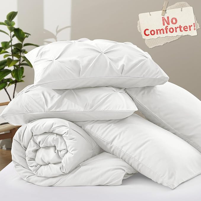 VACVELT 5 Piece Pinch Pleated Duvet Cover Full/Queen Size Set, White Pintuck Duvet Cover with Zipper & 8 Ties, Shabby Chic Microfiber Duvet Cover + 2 Pillow Shams + 2 Pillowcases, No Comforter