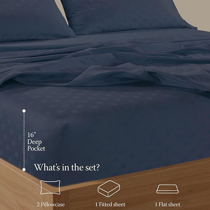 Threadmill Cotton Queen Sheet Set | 100% Cotton Sheets for Queen Size Bed | Damask Jacquard Queen Bed Sheets Set with 16” Deep Pocket | Soft Sateen Weave 4-Piece Cooling Bedding Set | Folkstone Blue