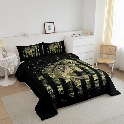 Feelyou Bass Fish Comforter Set Queen Size Fisherman Camouflage Bedding Set Pike Fish Camo American Flag Comforter for Women Men Fsihing Lover Room Farmhouse Fishing Bed Set Wild Quilted Set 3Pcs