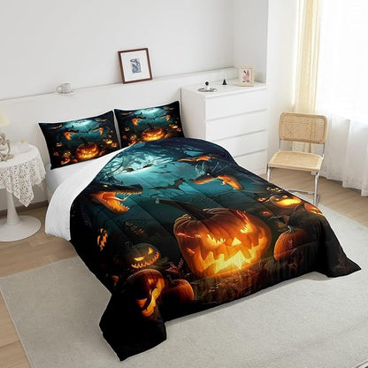 Dragon Pumpkin Comforter Set Queen Size,Bat Moon Tree Branch Horror Bedding Set for Kids Boys Girls Room Decor,Happy Halloween Duvet Insert 3Pcs,Retro Wild Animal Moonlight Quilt Set,2 Pillowcases