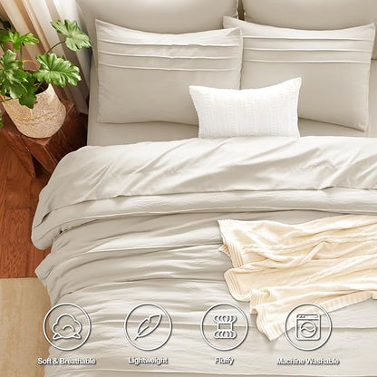 CozyLux California King Comforter Set Beige, 7 Pieces Pinch Pleat Bed in a Bag Cal King Comforter Set with Sheets, Boho Bed Sets with Down Alternative Comforter, Sheets, Pillowcases & Shams
