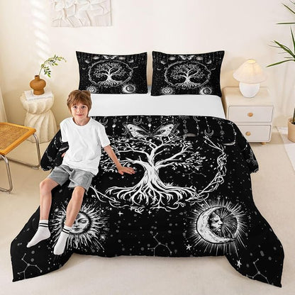 Feelyou Sun and Moon Comforter Bohemian Tree Butterfly Style Bedding Set Psychedelic Hippie Comforter Set for Boys Girls Children Teens Bedroom Decor Galaxy Astrology Duvet Set Full Size